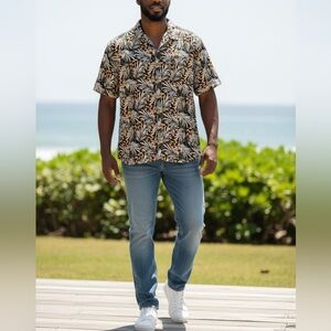 NWT Free Planet Tropical Palm Leaf Button Up Shirt Men's Size 1X Short Sleeve